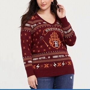 torrid Harry Potter Hogwarts Gryffindor V-Neck Knit Sweater 1x Burgundy XL